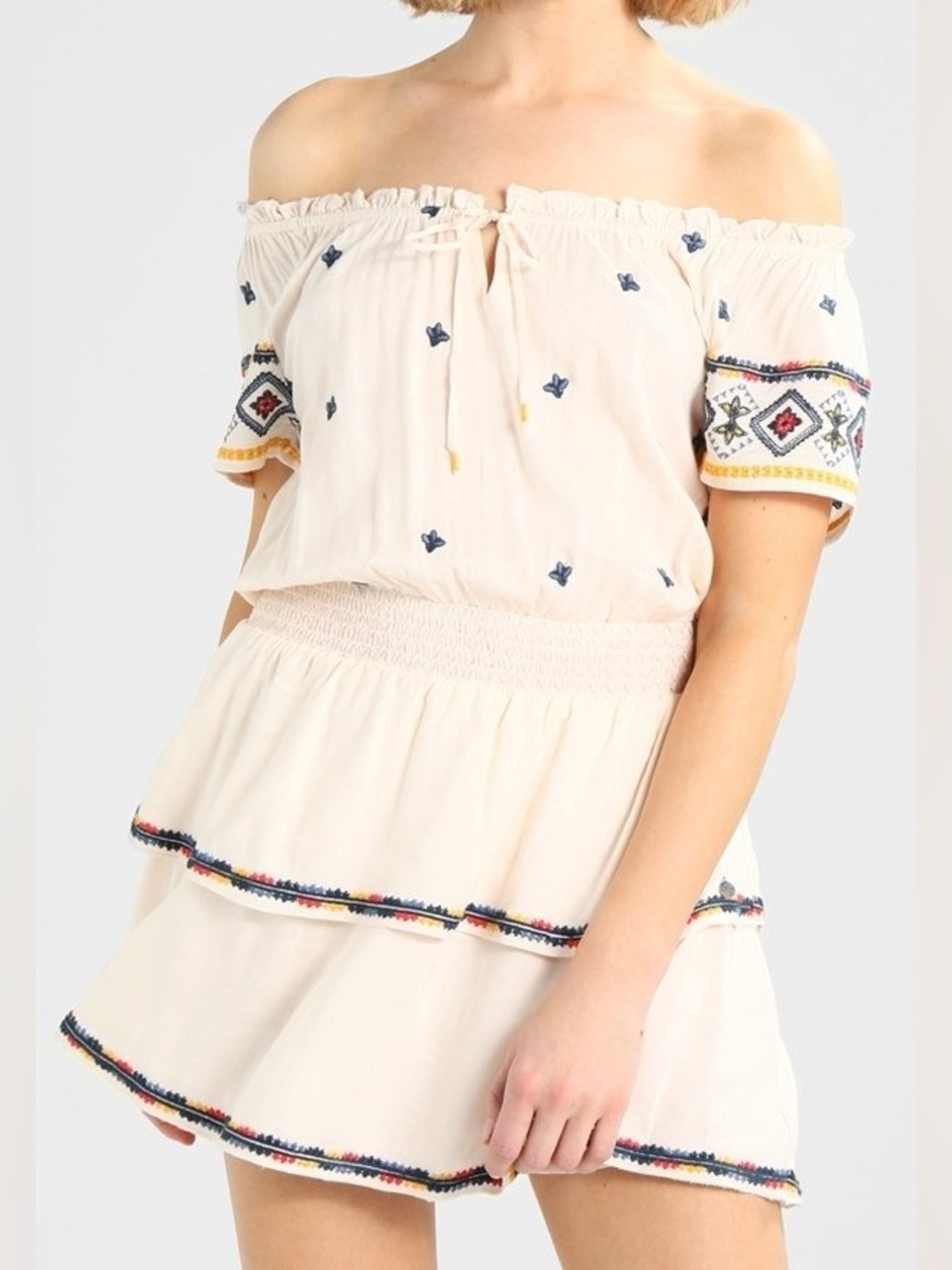 Blue Rain Francesca’s Boho Embroidered Ruffle Off Shoulder Mini Dress Small